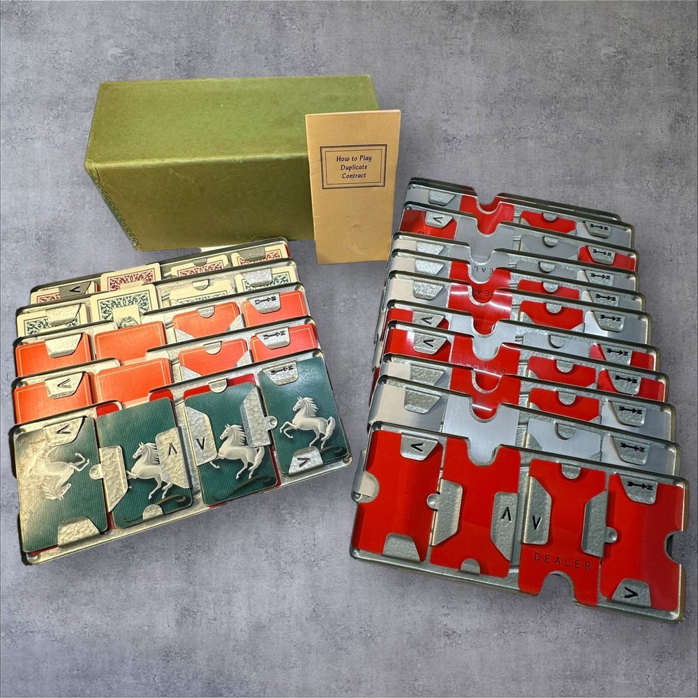 Vintage Duplicate‎ Bridge Board Set Metal Sliders w/ Cards Box & Instructions